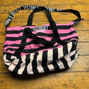 Victoria's Secret Pink‎ Black Stripe Duffle Bag Weekend Travel Gym Bag
